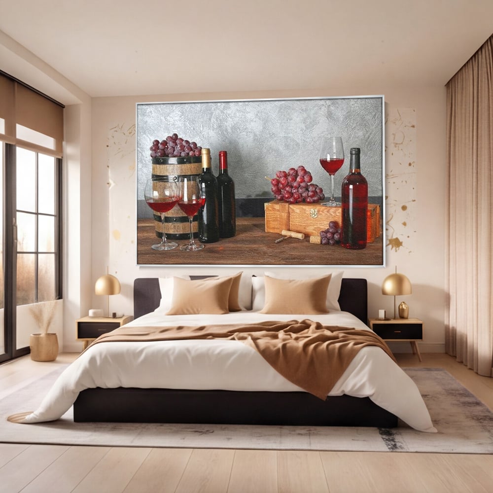 Tablou Canvas Premium, LuxCanva® N1011, Arta Vinului, Vin Rosu, Bautura, Struguri, Sticle, Pahare, Crama, Recolta, Rafinament, Degustare, Pub, Lounge, Bar, Restaurant, Bucatarie