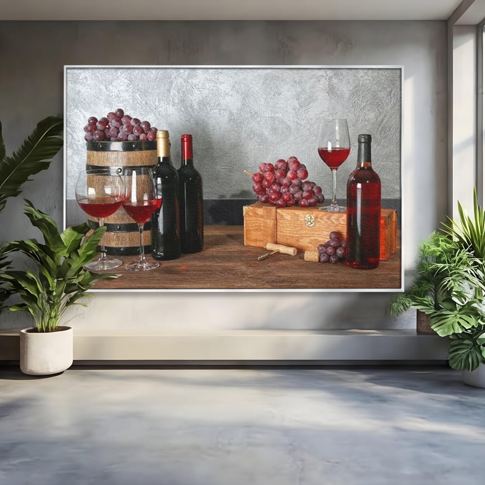 Tablou Canvas Premium, LuxCanva® N1011, Arta Vinului, Vin Rosu, Bautura, Struguri, Sticle, Pahare, Crama, Recolta, Rafinament, Degustare, Pub, Lounge, Bar, Restaurant, Bucatarie