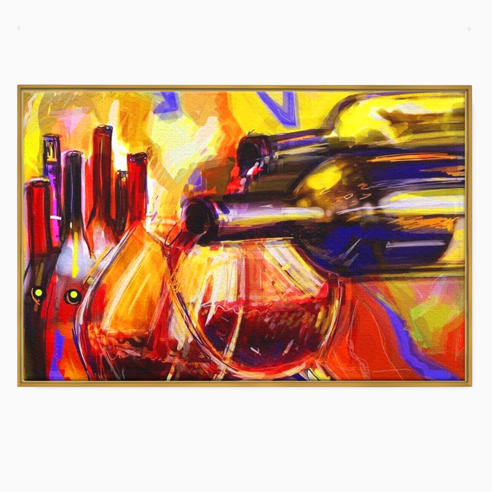 Tablou Canvas Premium, LuxCanva® N1012, Culorile Cramei, Arta Abstracta, Pictura, Culori Vibrante, Sticle, Pahare, Vin Rosu, Bautura, Pub, Lounge, Bar, Restaurant, Bucatarie