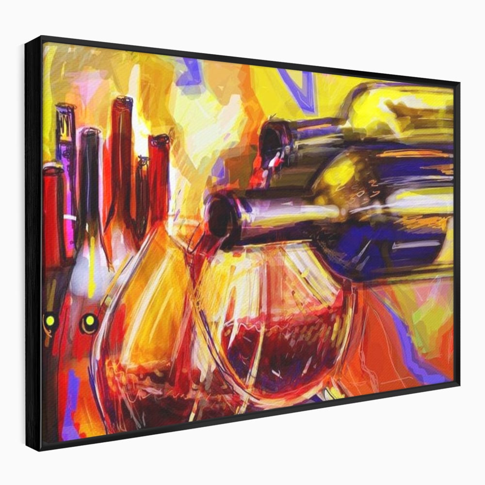 Tablou Canvas Premium, LuxCanva® N1012, Culorile Cramei, Arta Abstracta, Pictura, Culori Vibrante, Sticle, Pahare, Vin Rosu, Bautura, Pub, Lounge, Bar, Restaurant, Bucatarie
