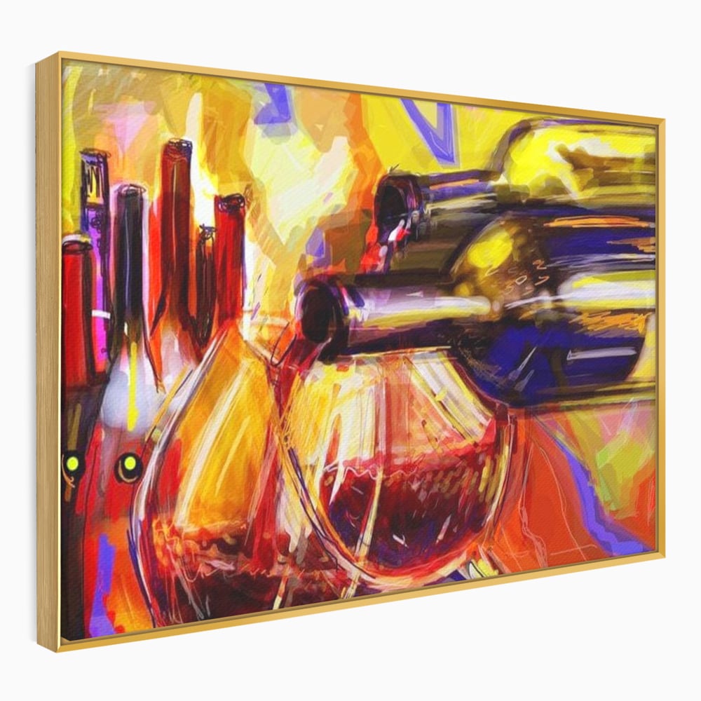 Tablou Canvas Premium, LuxCanva® N1012, Culorile Cramei, Arta Abstracta, Pictura, Culori Vibrante, Sticle, Pahare, Vin Rosu, Bautura, Pub, Lounge, Bar, Restaurant, Bucatarie