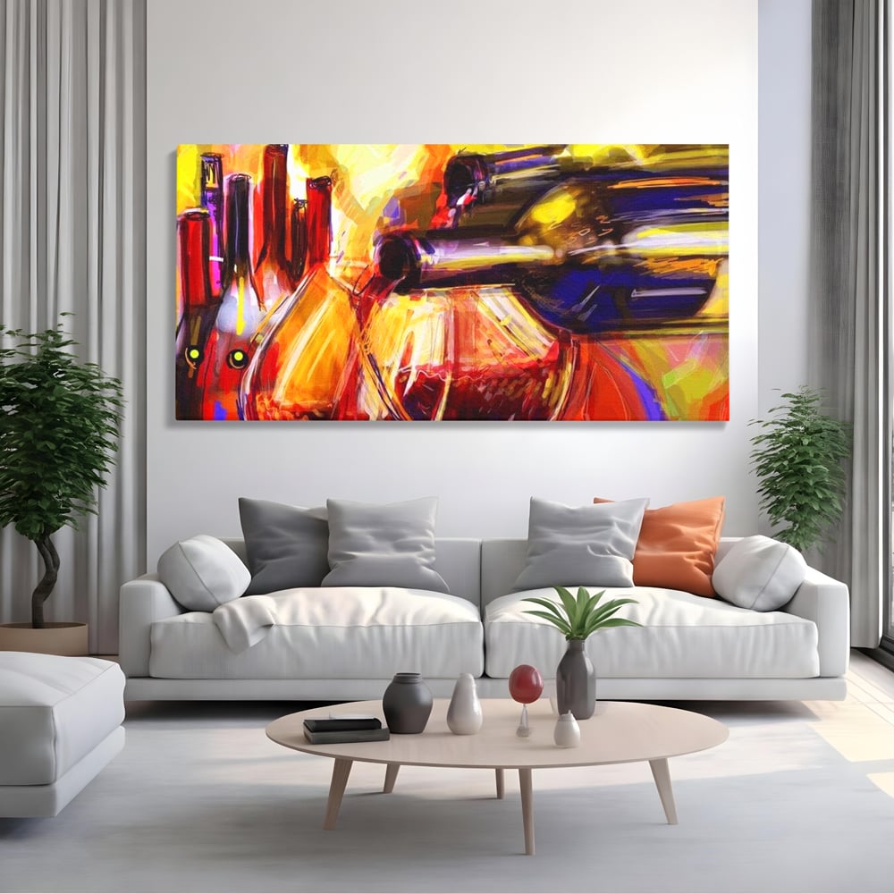Tablou Canvas Premium, LuxCanva® N1012, Culorile Cramei, Arta Abstracta, Pictura, Culori Vibrante, Sticle, Pahare, Vin Rosu, Bautura, Pub, Lounge, Bar, Restaurant, Bucatarie