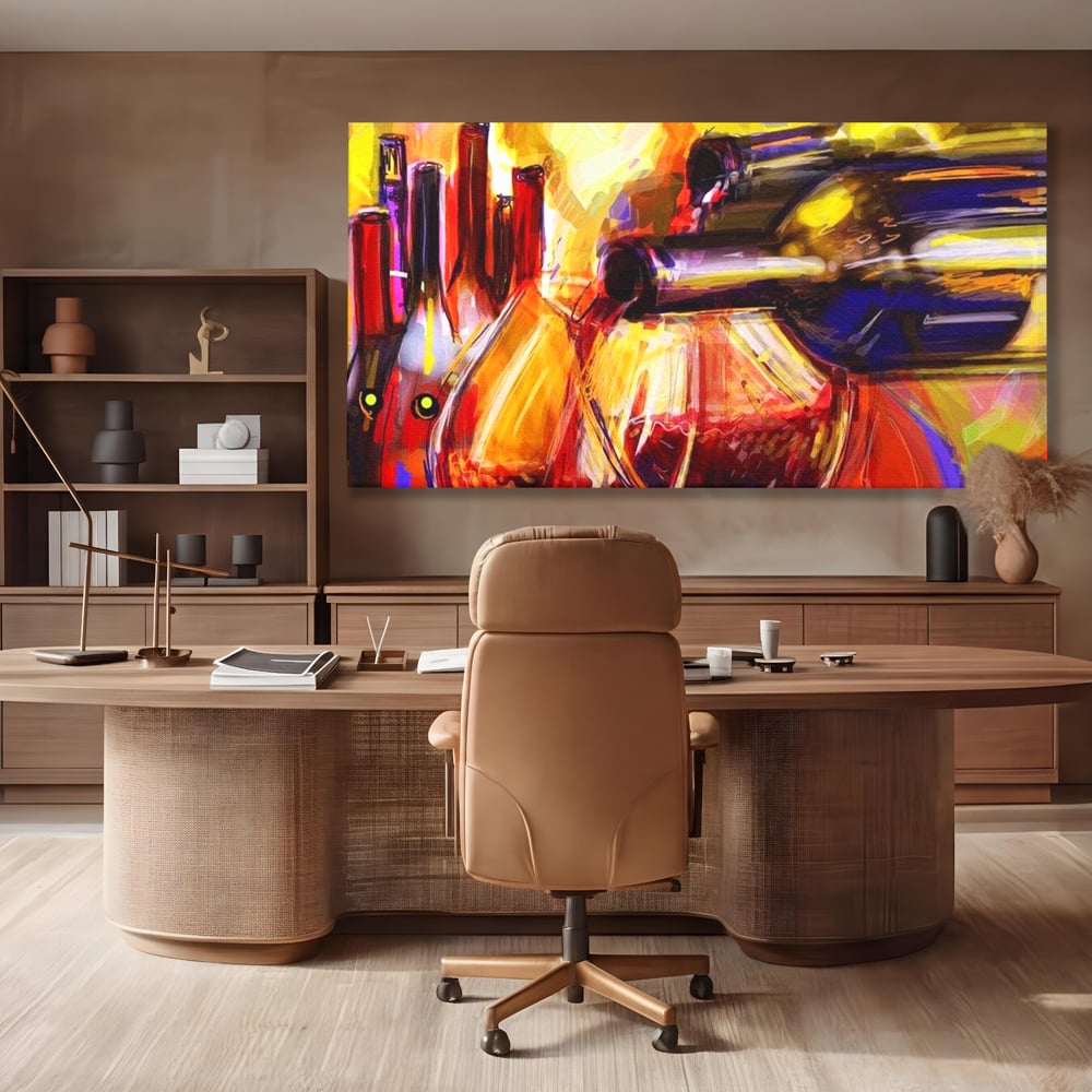 Tablou Canvas Premium, LuxCanva® N1012, Culorile Cramei, Arta Abstracta, Pictura, Culori Vibrante, Sticle, Pahare, Vin Rosu, Bautura, Pub, Lounge, Bar, Restaurant, Bucatarie