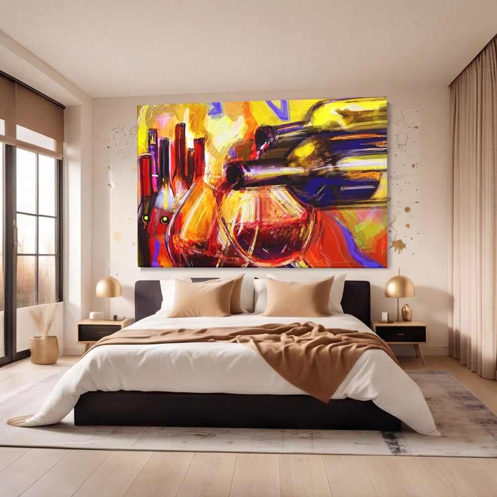 Tablou Canvas Premium, LuxCanva® N1012, Culorile Cramei, Arta Abstracta, Pictura, Culori Vibrante, Sticle, Pahare, Vin Rosu, Bautura, Pub, Lounge, Bar, Restaurant, Bucatarie