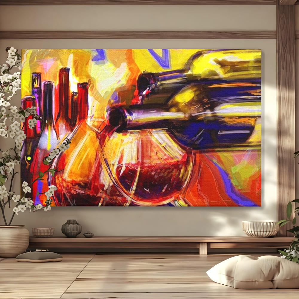 Tablou Canvas Premium, LuxCanva® N1012, Culorile Cramei, Arta Abstracta, Pictura, Culori Vibrante, Sticle, Pahare, Vin Rosu, Bautura, Pub, Lounge, Bar, Restaurant, Bucatarie