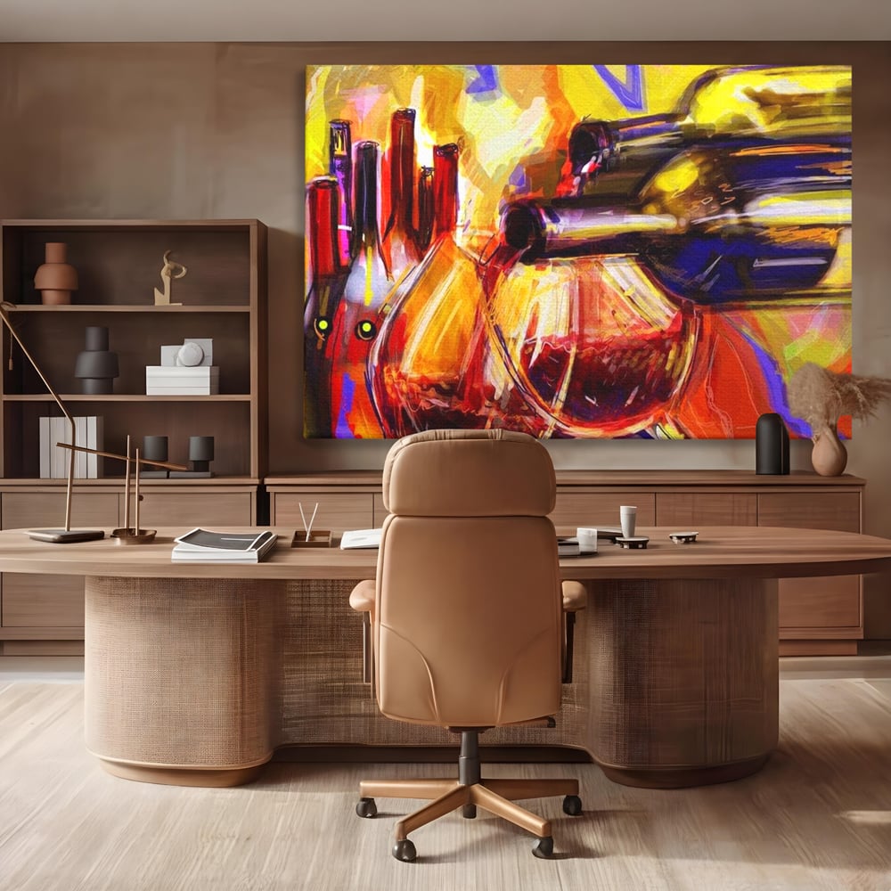Tablou Canvas Premium, LuxCanva® N1012, Culorile Cramei, Arta Abstracta, Pictura, Culori Vibrante, Sticle, Pahare, Vin Rosu, Bautura, Pub, Lounge, Bar, Restaurant, Bucatarie