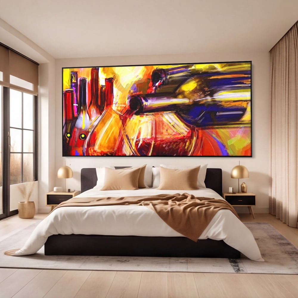 Tablou Canvas Premium, LuxCanva® N1012, Culorile Cramei, Arta Abstracta, Pictura, Culori Vibrante, Sticle, Pahare, Vin Rosu, Bautura, Pub, Lounge, Bar, Restaurant, Bucatarie