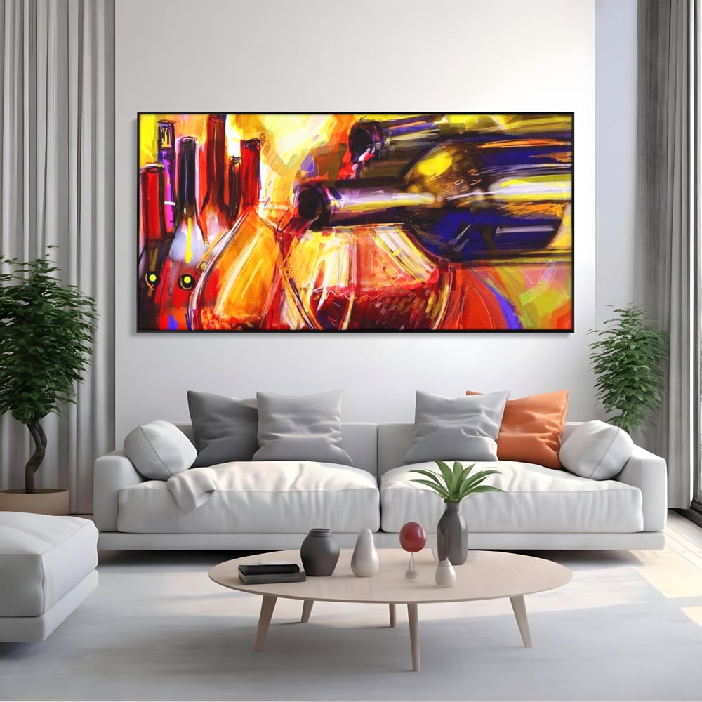Tablou Canvas Premium, LuxCanva® N1012, Culorile Cramei, Arta Abstracta, Pictura, Culori Vibrante, Sticle, Pahare, Vin Rosu, Bautura, Pub, Lounge, Bar, Restaurant, Bucatarie