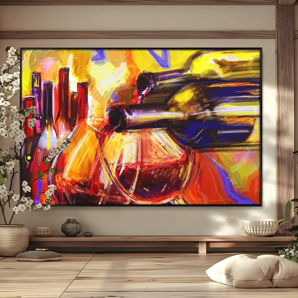 Tablou Canvas Premium, LuxCanva® N1012, Culorile Cramei, Arta Abstracta, Pictura, Culori Vibrante, Sticle, Pahare, Vin Rosu, Bautura, Pub, Lounge, Bar, Restaurant, Bucatarie