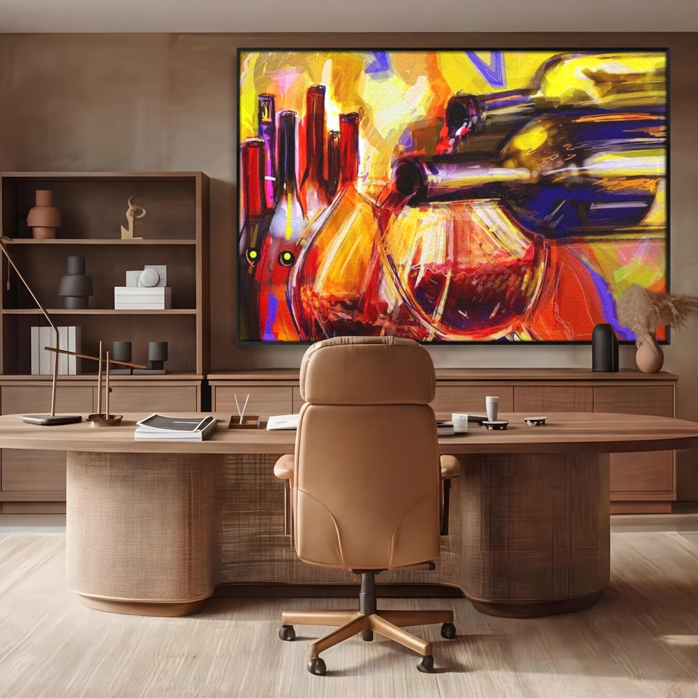 Tablou Canvas Premium, LuxCanva® N1012, Culorile Cramei, Arta Abstracta, Pictura, Culori Vibrante, Sticle, Pahare, Vin Rosu, Bautura, Pub, Lounge, Bar, Restaurant, Bucatarie