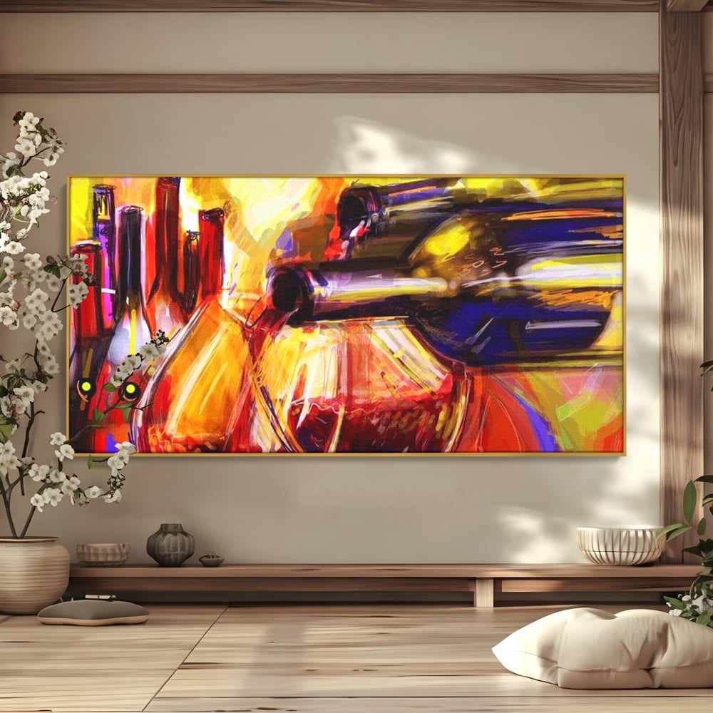 Tablou Canvas Premium, LuxCanva® N1012, Culorile Cramei, Arta Abstracta, Pictura, Culori Vibrante, Sticle, Pahare, Vin Rosu, Bautura, Pub, Lounge, Bar, Restaurant, Bucatarie