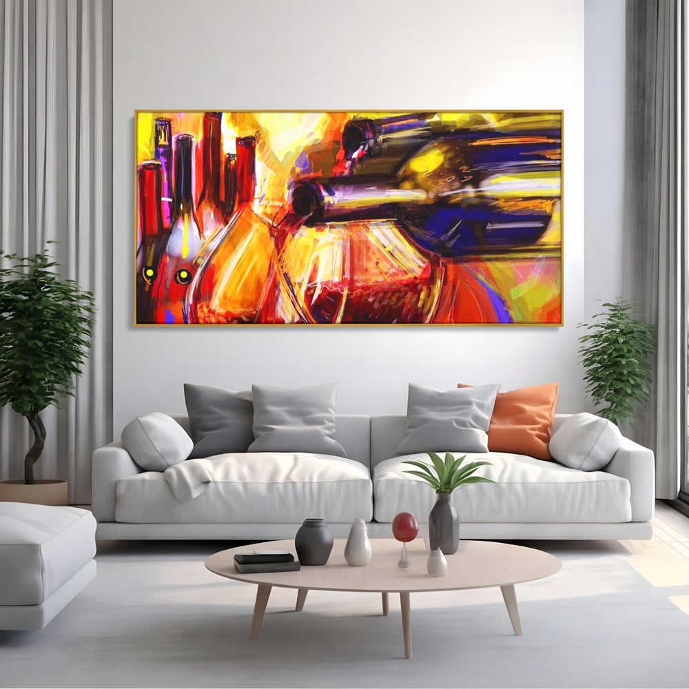 Tablou Canvas Premium, LuxCanva® N1012, Culorile Cramei, Arta Abstracta, Pictura, Culori Vibrante, Sticle, Pahare, Vin Rosu, Bautura, Pub, Lounge, Bar, Restaurant, Bucatarie