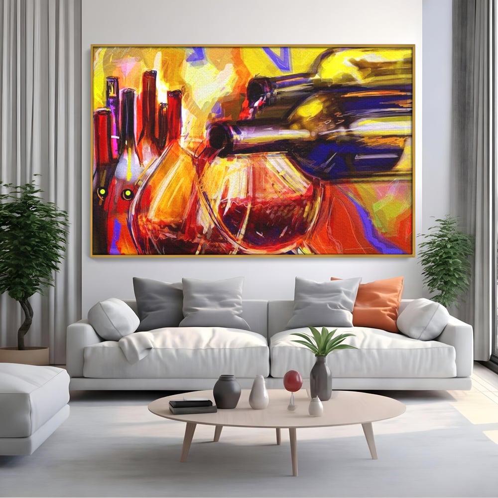 Tablou Canvas Premium, LuxCanva® N1012, Culorile Cramei, Arta Abstracta, Pictura, Culori Vibrante, Sticle, Pahare, Vin Rosu, Bautura, Pub, Lounge, Bar, Restaurant, Bucatarie
