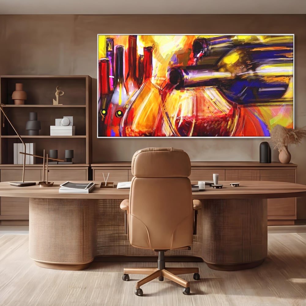 Tablou Canvas Premium, LuxCanva® N1012, Culorile Cramei, Arta Abstracta, Pictura, Culori Vibrante, Sticle, Pahare, Vin Rosu, Bautura, Pub, Lounge, Bar, Restaurant, Bucatarie