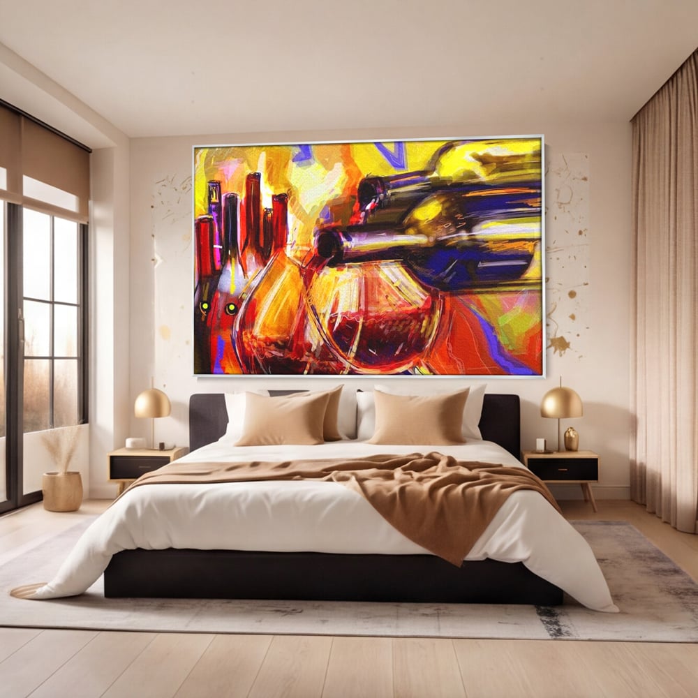 Tablou Canvas Premium, LuxCanva® N1012, Culorile Cramei, Arta Abstracta, Pictura, Culori Vibrante, Sticle, Pahare, Vin Rosu, Bautura, Pub, Lounge, Bar, Restaurant, Bucatarie