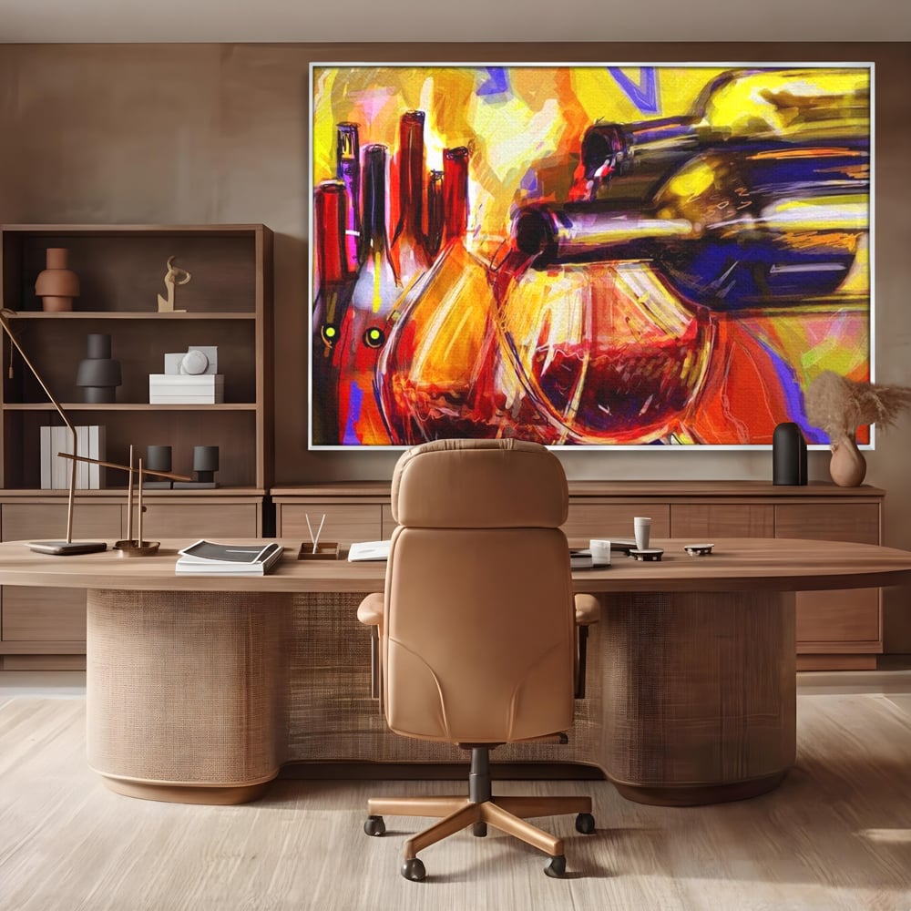 Tablou Canvas Premium, LuxCanva® N1012, Culorile Cramei, Arta Abstracta, Pictura, Culori Vibrante, Sticle, Pahare, Vin Rosu, Bautura, Pub, Lounge, Bar, Restaurant, Bucatarie