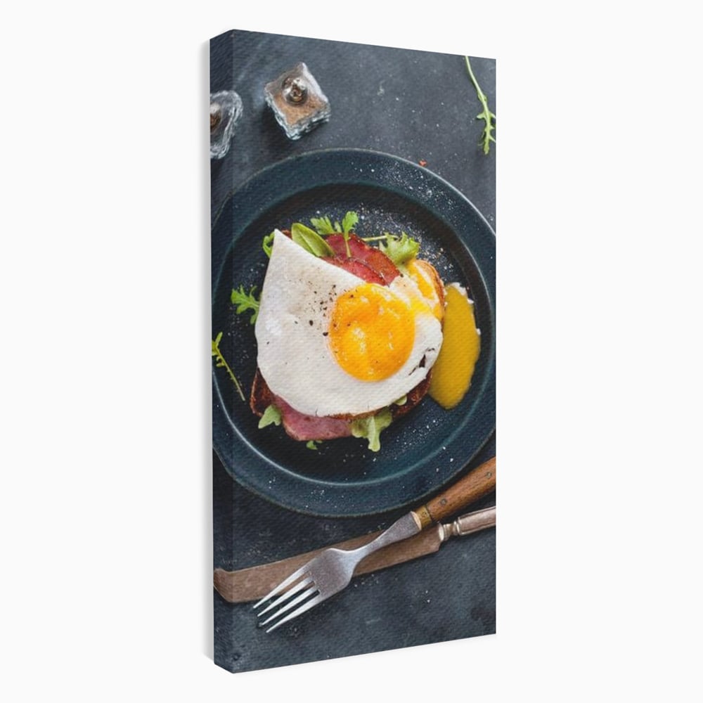Canvas Wall Art Premium, LuxCanva® N1014, Morning Delight, Lebensmittel, Frühstück, Teller, Spiegelei, Plating, Besteck, Morgen, Geschmack, Energie, Restaurant, Küche