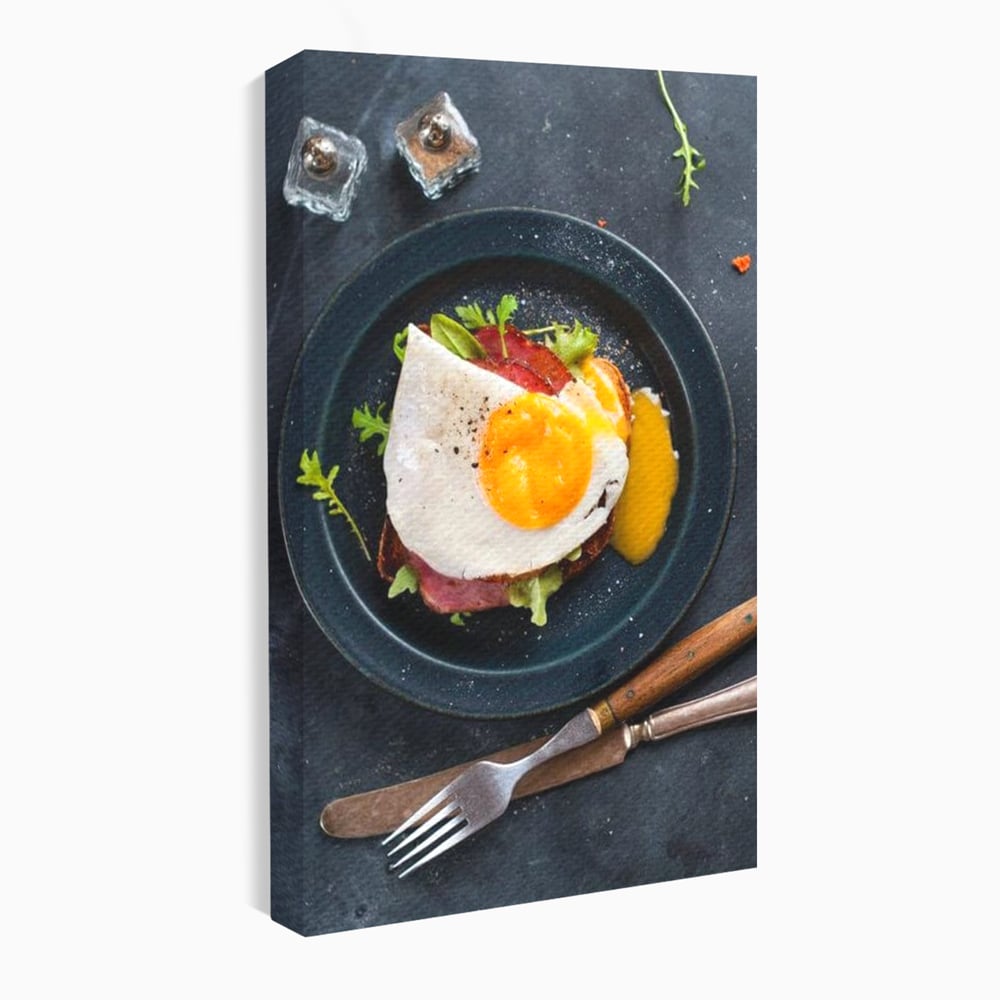 Canvas Wall Art Premium, LuxCanva® N1014, Morning Delight, Lebensmittel, Frühstück, Teller, Spiegelei, Plating, Besteck, Morgen, Geschmack, Energie, Restaurant, Küche