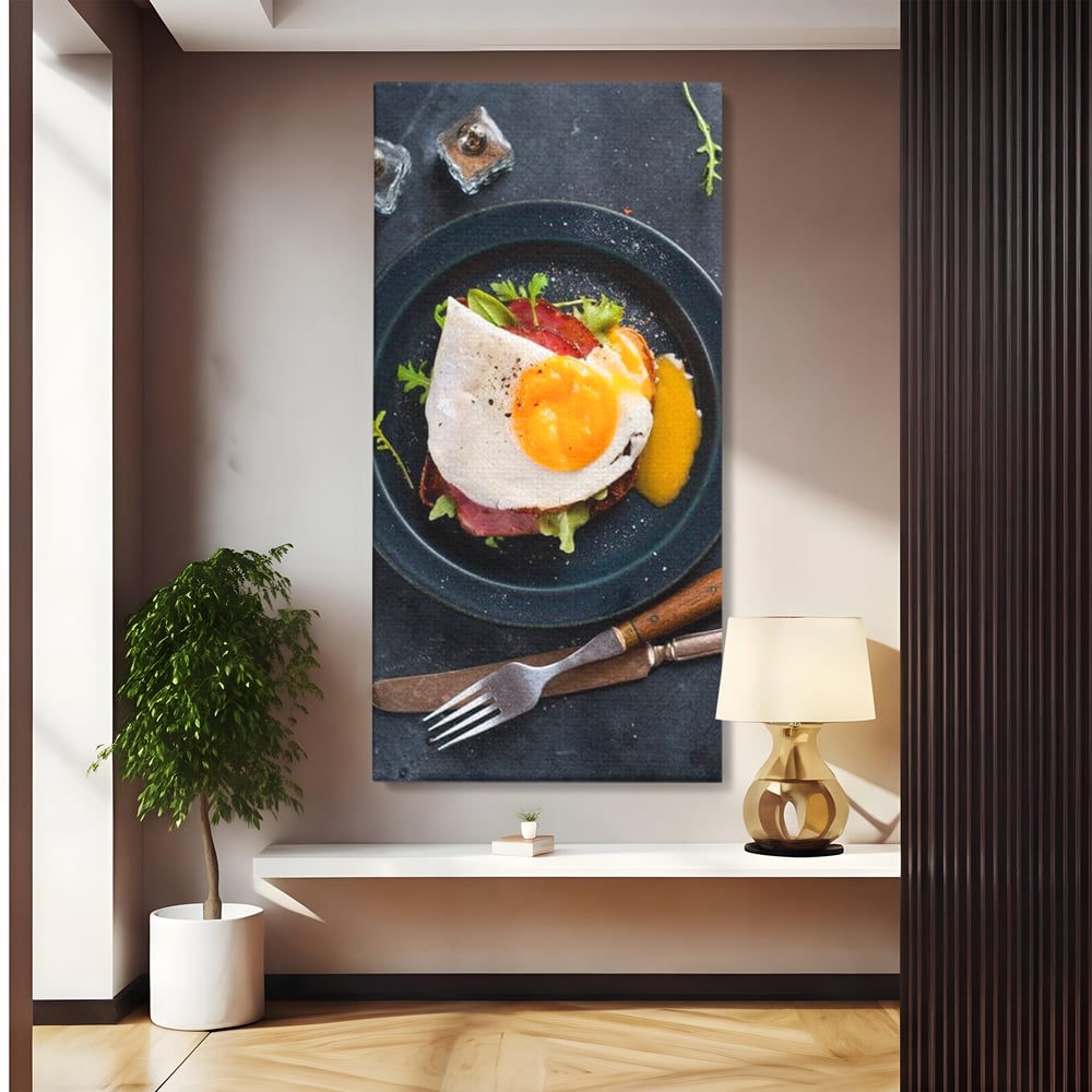 Canvas Wall Art Premium, LuxCanva® N1014, Morning Delight, Lebensmittel, Frühstück, Teller, Spiegelei, Plating, Besteck, Morgen, Geschmack, Energie, Restaurant, Küche