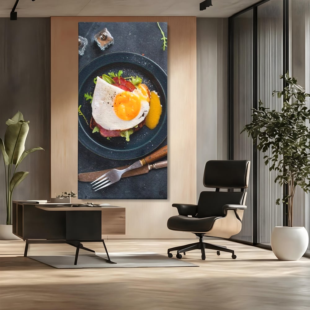 Canvas Wall Art Premium, LuxCanva® N1014, Morning Delight, Lebensmittel, Frühstück, Teller, Spiegelei, Plating, Besteck, Morgen, Geschmack, Energie, Restaurant, Küche