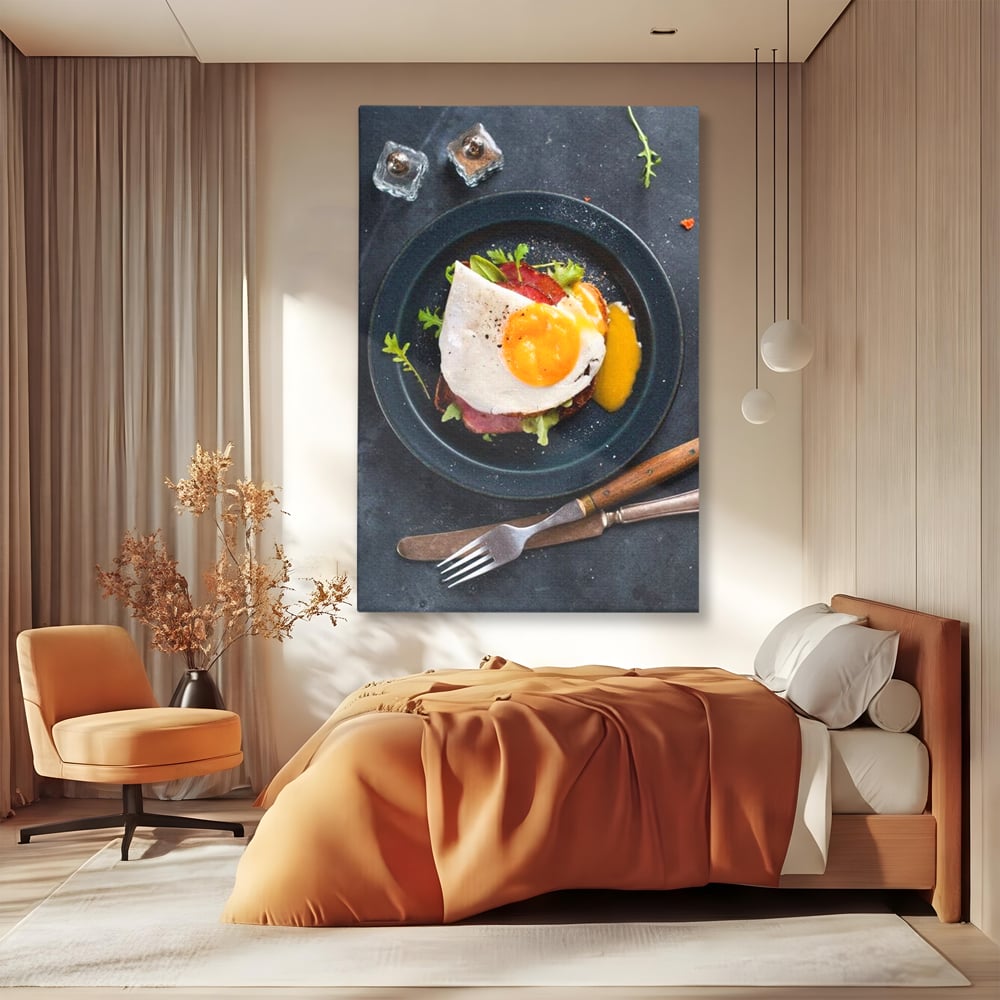 Canvas Wall Art Premium, LuxCanva® N1014, Morning Delight, Lebensmittel, Frühstück, Teller, Spiegelei, Plating, Besteck, Morgen, Geschmack, Energie, Restaurant, Küche