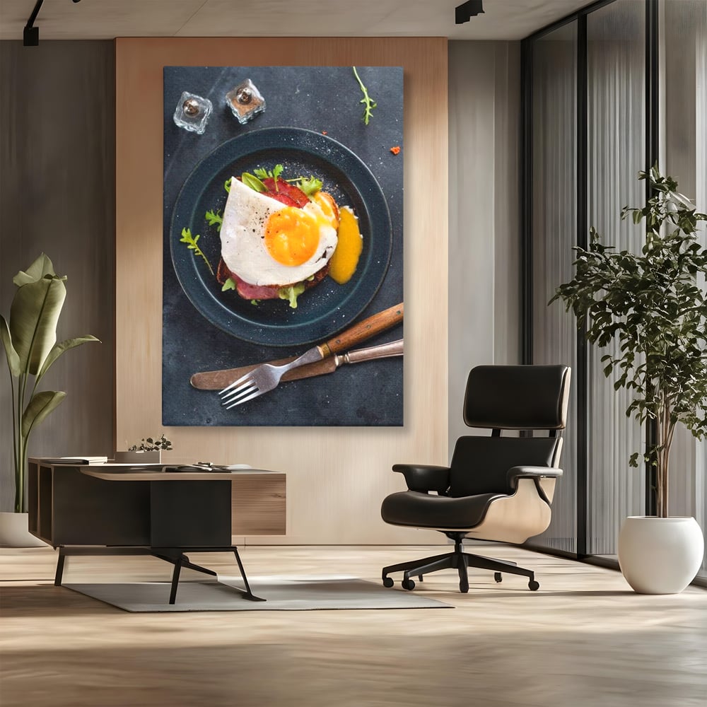 Canvas Wall Art Premium, LuxCanva® N1014, Morning Delight, Lebensmittel, Frühstück, Teller, Spiegelei, Plating, Besteck, Morgen, Geschmack, Energie, Restaurant, Küche