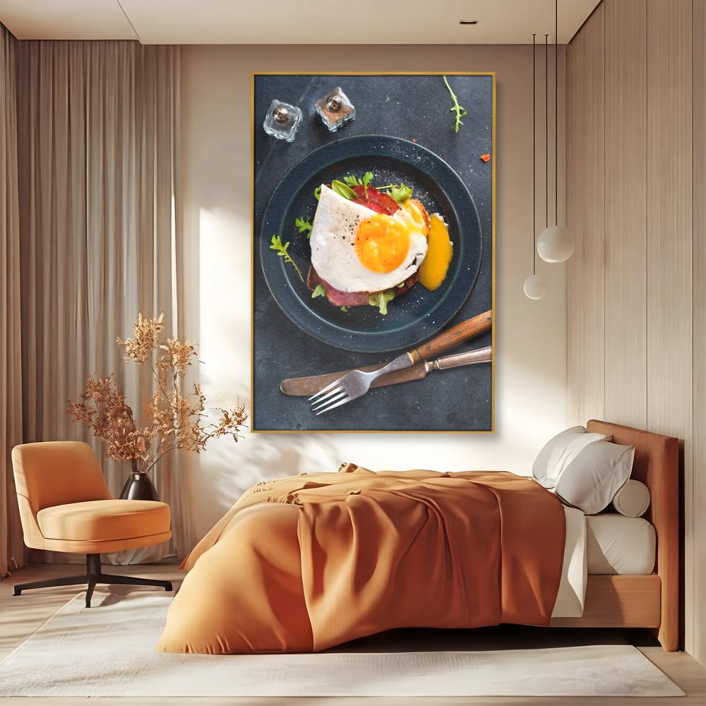 Canvas Wall Art Premium, LuxCanva® N1014, Morning Delight, Lebensmittel, Frühstück, Teller, Spiegelei, Plating, Besteck, Morgen, Geschmack, Energie, Restaurant, Küche