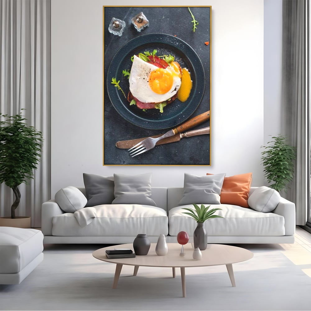 Canvas Wall Art Premium, LuxCanva® N1014, Morning Delight, Lebensmittel, Frühstück, Teller, Spiegelei, Plating, Besteck, Morgen, Geschmack, Energie, Restaurant, Küche
