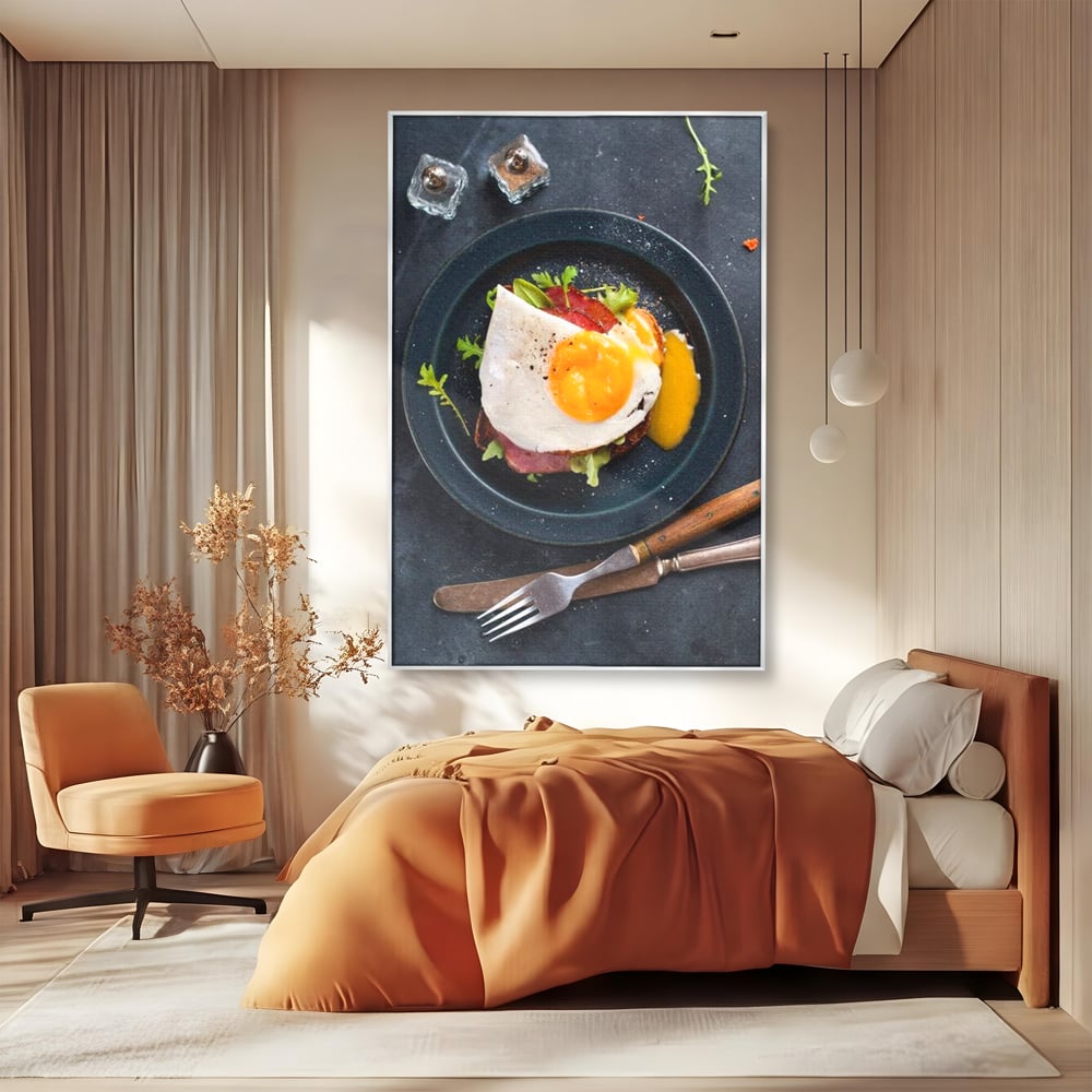 Canvas Wall Art Premium, LuxCanva® N1014, Morning Delight, Lebensmittel, Frühstück, Teller, Spiegelei, Plating, Besteck, Morgen, Geschmack, Energie, Restaurant, Küche