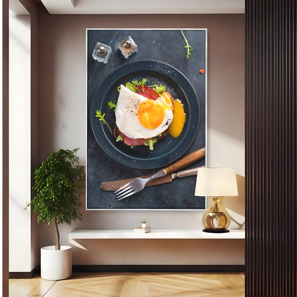 Canvas Wall Art Premium, LuxCanva® N1014, Morning Delight, Lebensmittel, Frühstück, Teller, Spiegelei, Plating, Besteck, Morgen, Geschmack, Energie, Restaurant, Küche