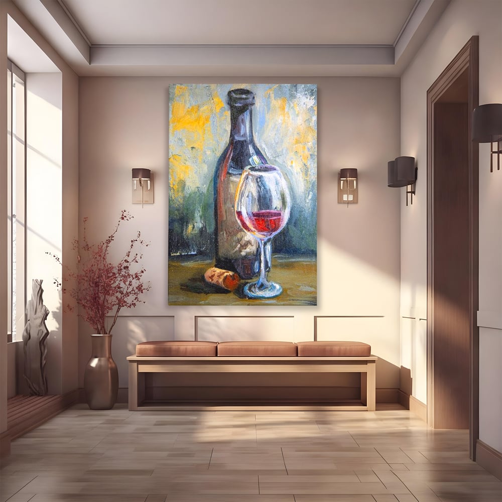 Tablou Canvas Premium, LuxCanva® N1015, Taina Vinului, Vin Rosu, Sticla, Pahar, Bautura, Rustic, Rasfat, Rafinament, Textura, Dop, Pictura, Pub, Lounge, Bar, Restaurant, Bucatarie