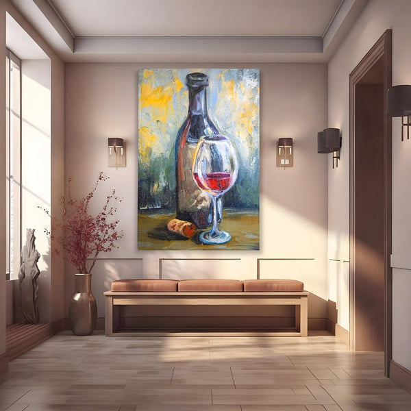 Tablou Canvas Premium, LuxCanva® N1015, Taina Vinului, Vin Rosu, Sticla, Pahar, Bautura, Rustic, Rasfat, Rafinament, Textura, Dop, Pictura, Pub, Lounge, Bar, Restaurant, Bucatarie