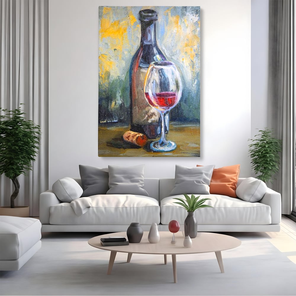 Tablou Canvas Premium, LuxCanva® N1015, Taina Vinului, Vin Rosu, Sticla, Pahar, Bautura, Rustic, Rasfat, Rafinament, Textura, Dop, Pictura, Pub, Lounge, Bar, Restaurant, Bucatarie