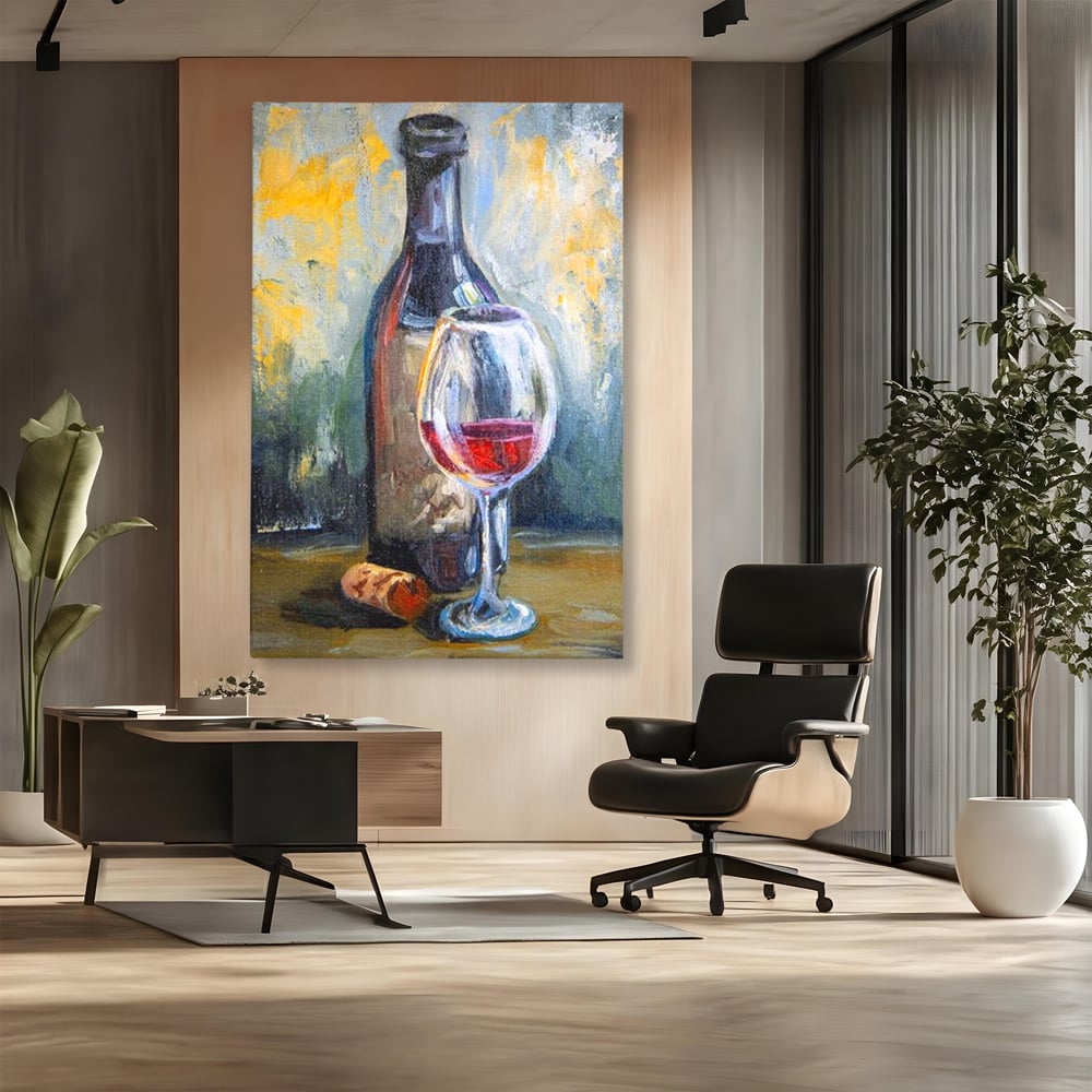 Tablou Canvas Premium, LuxCanva® N1015, Taina Vinului, Vin Rosu, Sticla, Pahar, Bautura, Rustic, Rasfat, Rafinament, Textura, Dop, Pictura, Pub, Lounge, Bar, Restaurant, Bucatarie