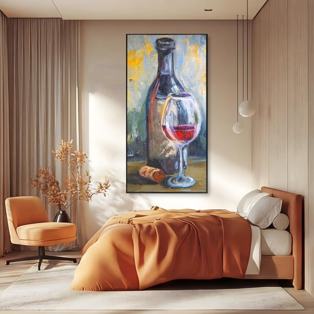 Tablou Canvas Premium, LuxCanva® N1015, Taina Vinului, Vin Rosu, Sticla, Pahar, Bautura, Rustic, Rasfat, Rafinament, Textura, Dop, Pictura, Pub, Lounge, Bar, Restaurant, Bucatarie