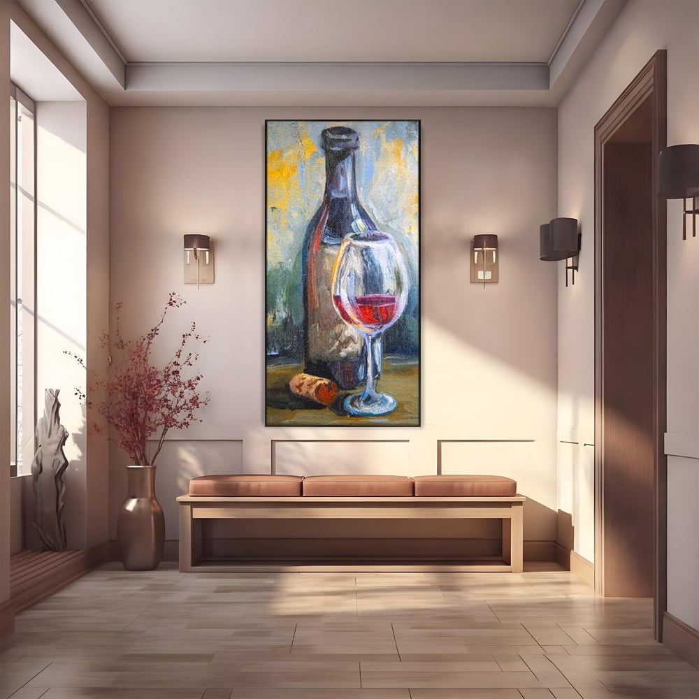 Tablou Canvas Premium, LuxCanva® N1015, Taina Vinului, Vin Rosu, Sticla, Pahar, Bautura, Rustic, Rasfat, Rafinament, Textura, Dop, Pictura, Pub, Lounge, Bar, Restaurant, Bucatarie