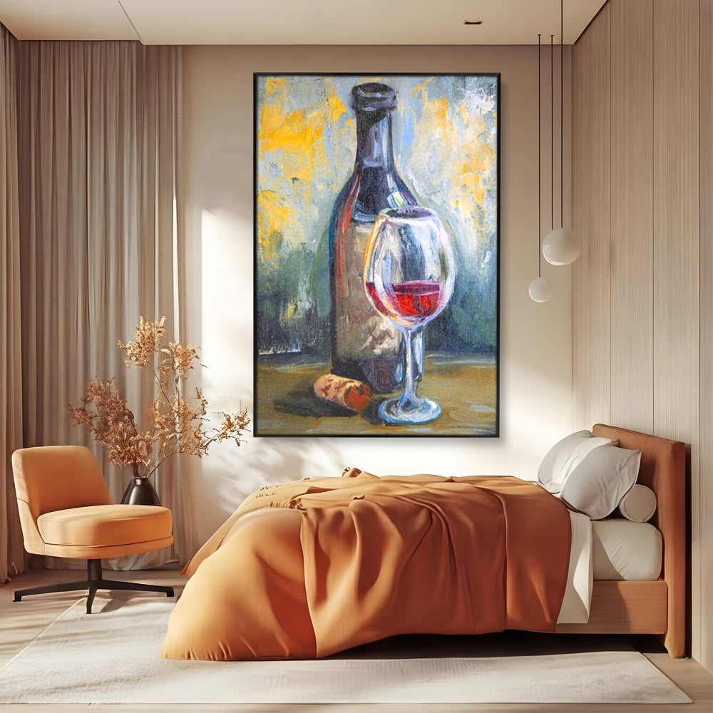 Tablou Canvas Premium, LuxCanva® N1015, Taina Vinului, Vin Rosu, Sticla, Pahar, Bautura, Rustic, Rasfat, Rafinament, Textura, Dop, Pictura, Pub, Lounge, Bar, Restaurant, Bucatarie