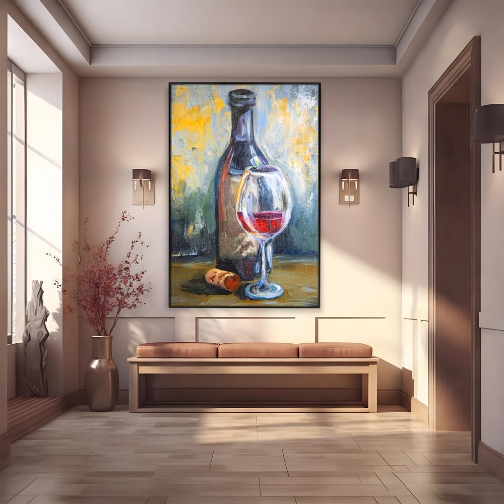 Tablou Canvas Premium, LuxCanva® N1015, Taina Vinului, Vin Rosu, Sticla, Pahar, Bautura, Rustic, Rasfat, Rafinament, Textura, Dop, Pictura, Pub, Lounge, Bar, Restaurant, Bucatarie