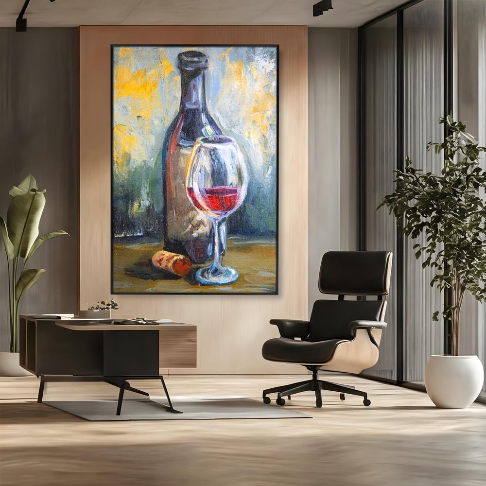Tablou Canvas Premium, LuxCanva® N1015, Taina Vinului, Vin Rosu, Sticla, Pahar, Bautura, Rustic, Rasfat, Rafinament, Textura, Dop, Pictura, Pub, Lounge, Bar, Restaurant, Bucatarie