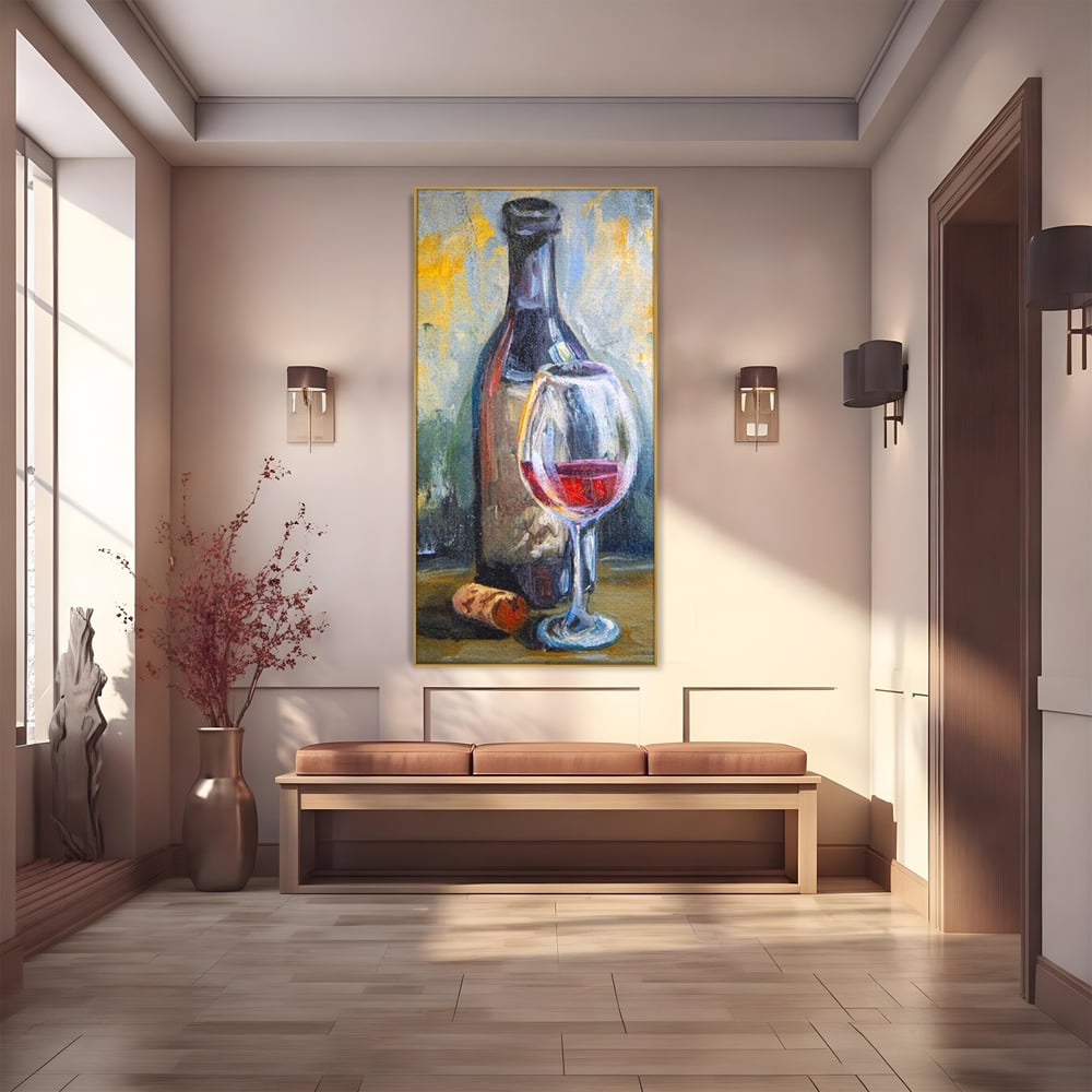 Tablou Canvas Premium, LuxCanva® N1015, Taina Vinului, Vin Rosu, Sticla, Pahar, Bautura, Rustic, Rasfat, Rafinament, Textura, Dop, Pictura, Pub, Lounge, Bar, Restaurant, Bucatarie