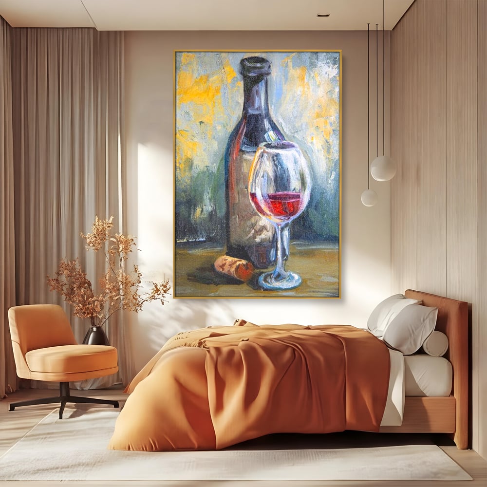 Tablou Canvas Premium, LuxCanva® N1015, Taina Vinului, Vin Rosu, Sticla, Pahar, Bautura, Rustic, Rasfat, Rafinament, Textura, Dop, Pictura, Pub, Lounge, Bar, Restaurant, Bucatarie