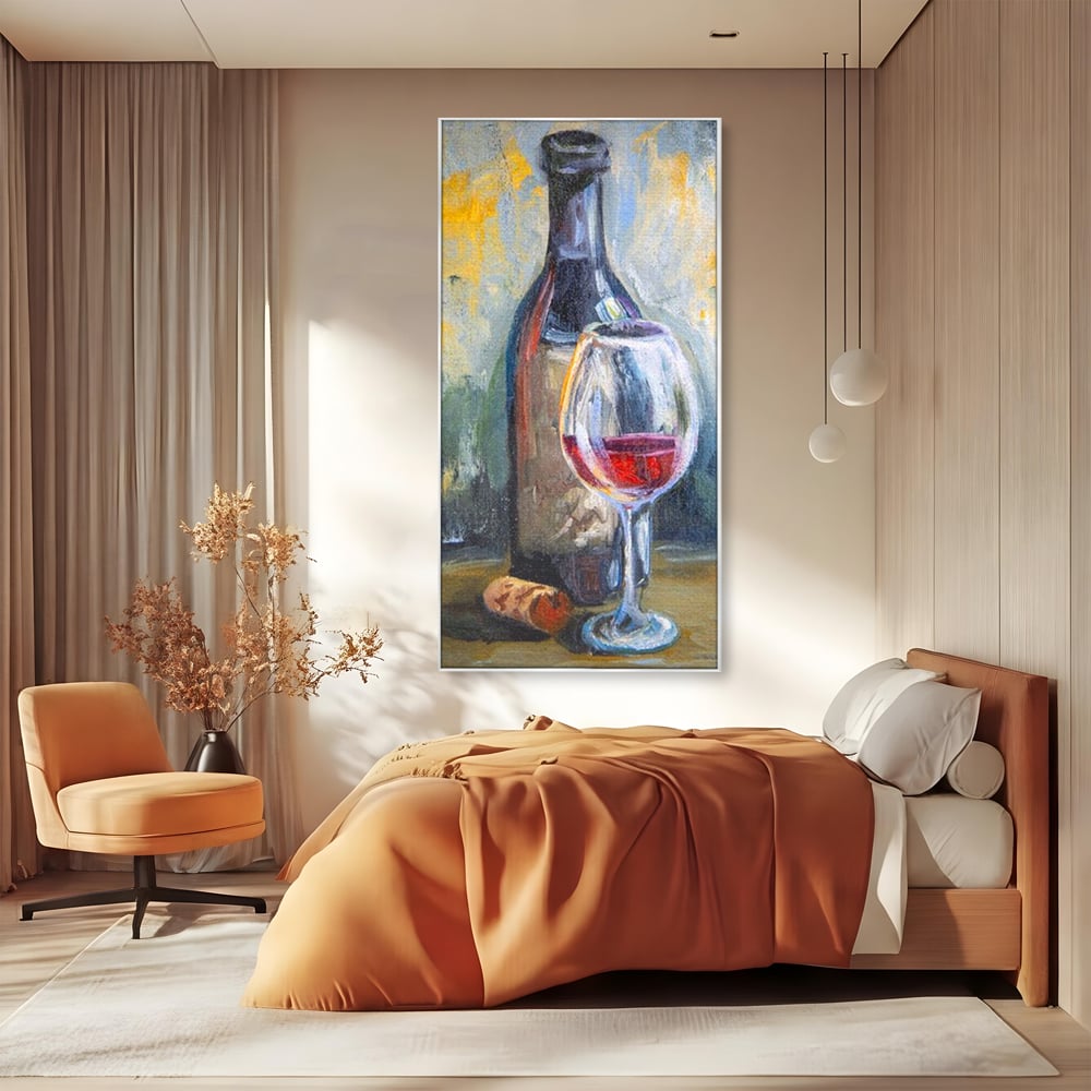 Tablou Canvas Premium, LuxCanva® N1015, Taina Vinului, Vin Rosu, Sticla, Pahar, Bautura, Rustic, Rasfat, Rafinament, Textura, Dop, Pictura, Pub, Lounge, Bar, Restaurant, Bucatarie