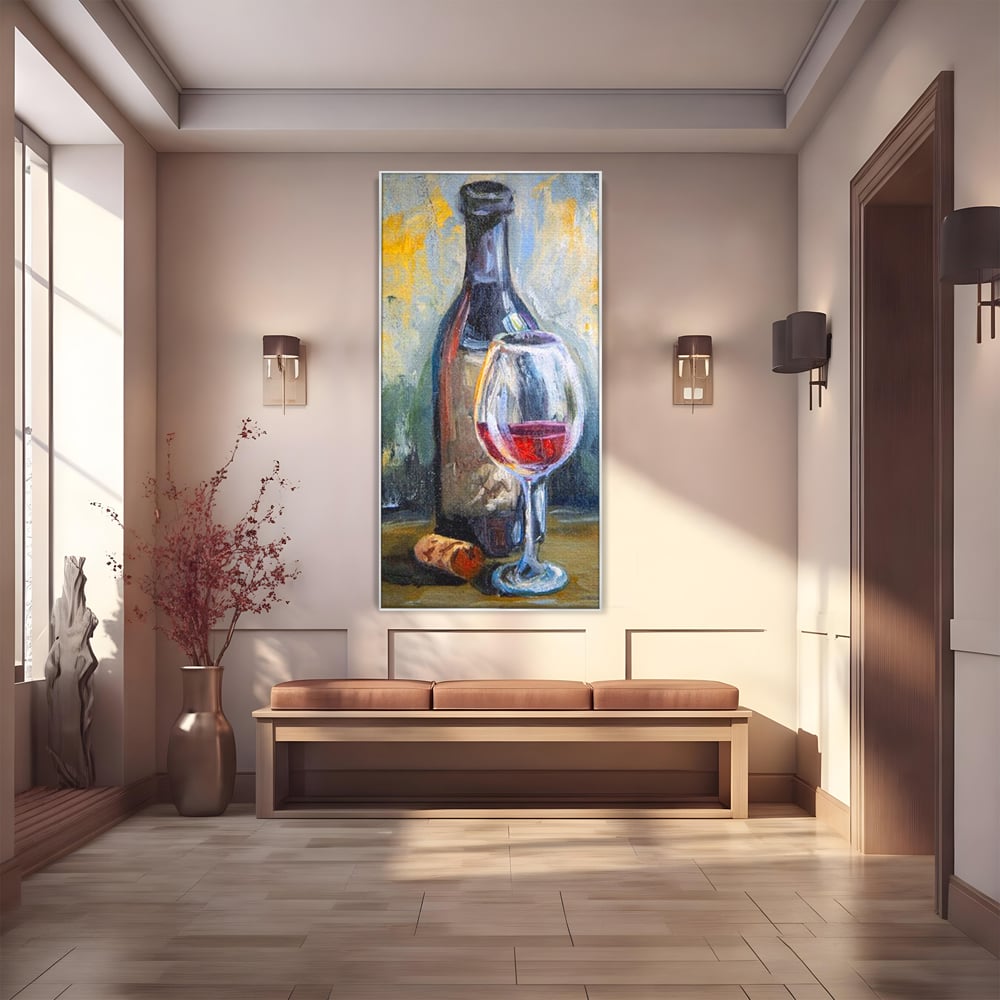 Tablou Canvas Premium, LuxCanva® N1015, Taina Vinului, Vin Rosu, Sticla, Pahar, Bautura, Rustic, Rasfat, Rafinament, Textura, Dop, Pictura, Pub, Lounge, Bar, Restaurant, Bucatarie