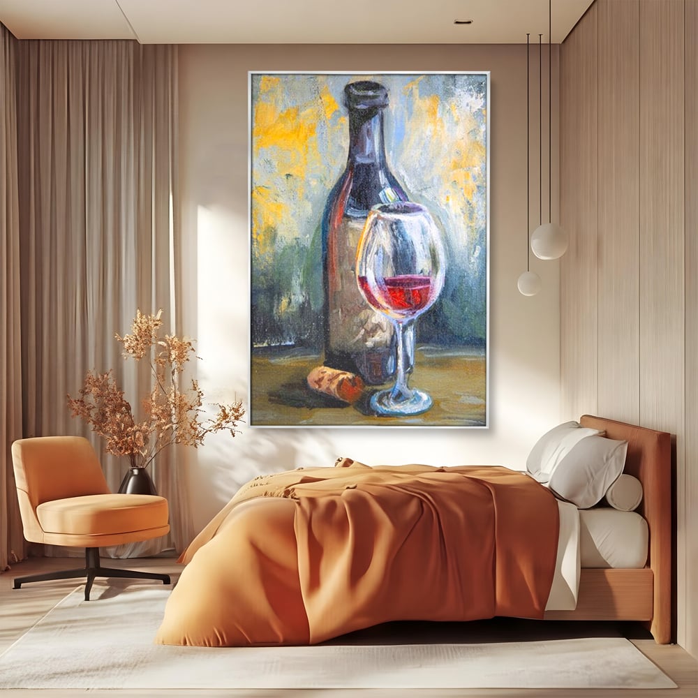 Tablou Canvas Premium, LuxCanva® N1015, Taina Vinului, Vin Rosu, Sticla, Pahar, Bautura, Rustic, Rasfat, Rafinament, Textura, Dop, Pictura, Pub, Lounge, Bar, Restaurant, Bucatarie