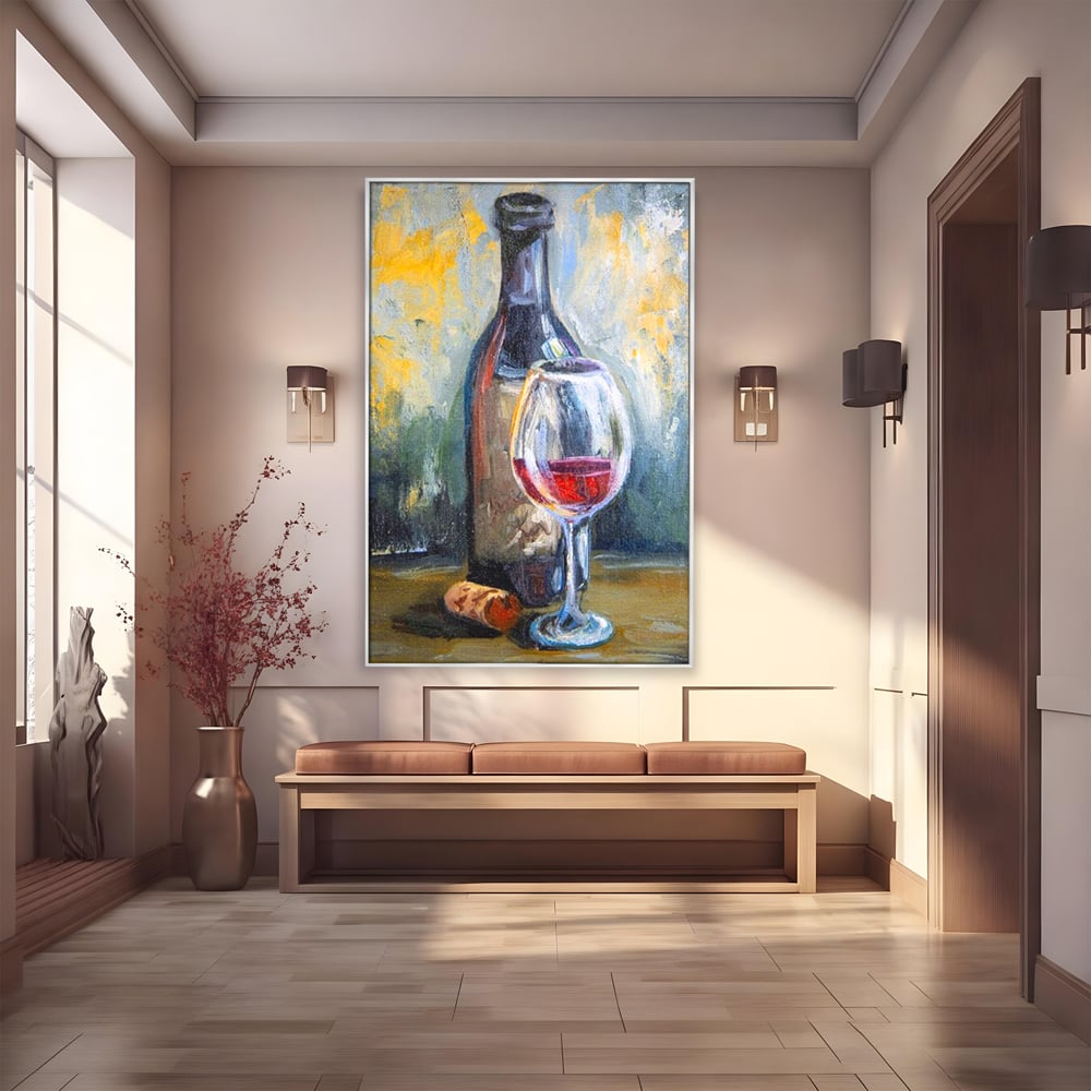 Tablou Canvas Premium, LuxCanva® N1015, Taina Vinului, Vin Rosu, Sticla, Pahar, Bautura, Rustic, Rasfat, Rafinament, Textura, Dop, Pictura, Pub, Lounge, Bar, Restaurant, Bucatarie