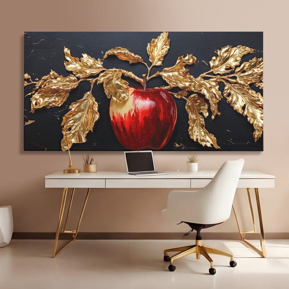 Tablou Canvas Premium, LuxCanva® N1016, Fructul Regal, Mar Rosu, Frunze, Auriu, Fructe, Rod, Lux, Prospetime, Sanatate, Toamna, Restaurant, Bucatarie