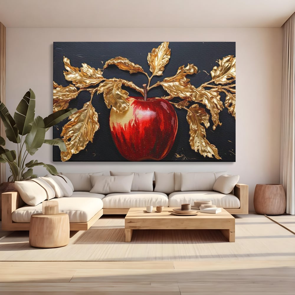Tablou Canvas Premium, LuxCanva® N1016, Fructul Regal, Mar Rosu, Frunze, Auriu, Fructe, Rod, Lux, Prospetime, Sanatate, Toamna, Restaurant, Bucatarie