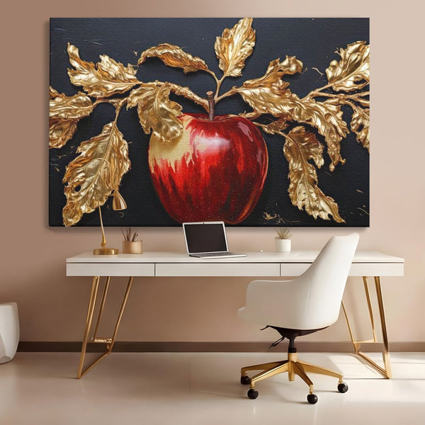 Tablou Canvas Premium, LuxCanva® N1016, Fructul Regal, Mar Rosu, Frunze, Auriu, Fructe, Rod, Lux, Prospetime, Sanatate, Toamna, Restaurant, Bucatarie