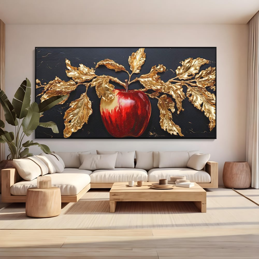Tablou Canvas Premium, LuxCanva® N1016, Fructul Regal, Mar Rosu, Frunze, Auriu, Fructe, Rod, Lux, Prospetime, Sanatate, Toamna, Restaurant, Bucatarie