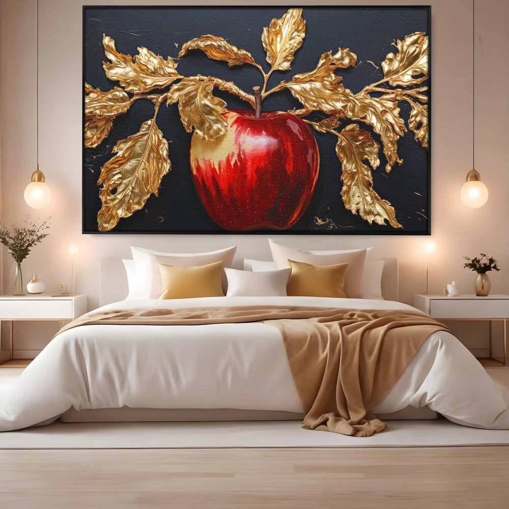 Tablou Canvas Premium, LuxCanva® N1016, Fructul Regal, Mar Rosu, Frunze, Auriu, Fructe, Rod, Lux, Prospetime, Sanatate, Toamna, Restaurant, Bucatarie